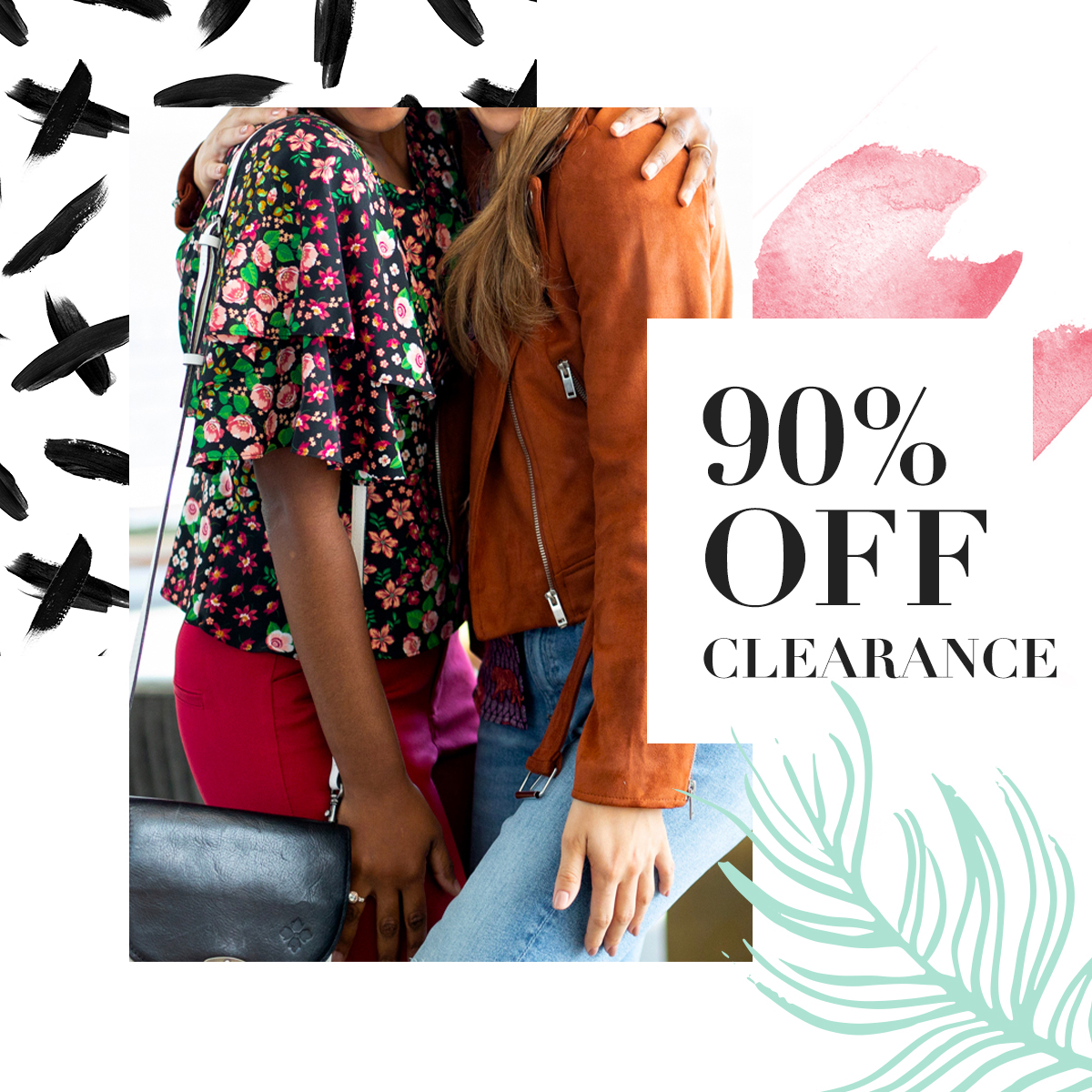 An image of two girls in cute outfits with verbiage about our 90% off sale